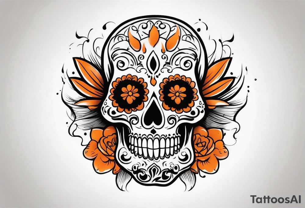 Mexican skull with smoke coming out of the bottom orange and black tattoo idea