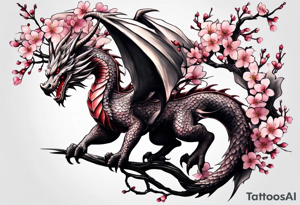 A dragon with wings covered in cherry blossoms tattoo idea