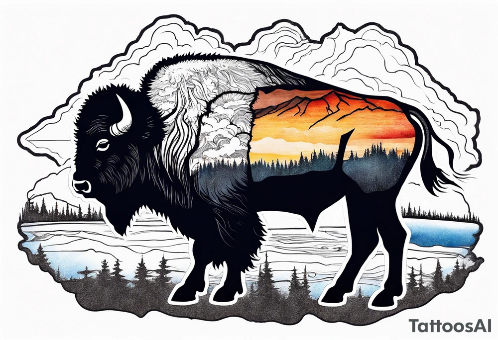 grand prismatic spring in a 
bison silhouette tattoo idea