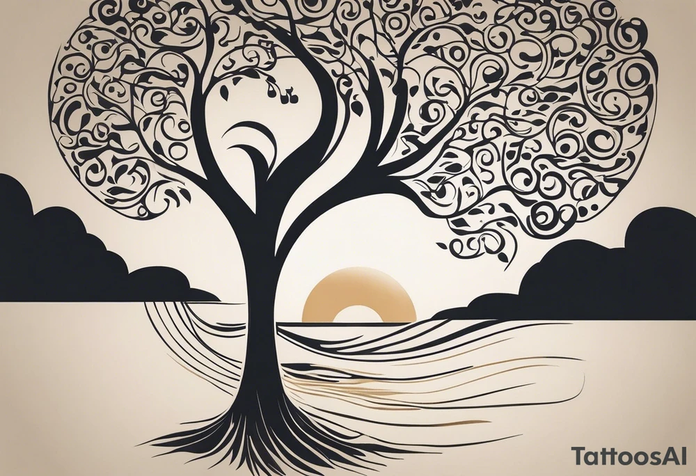 A tattoo design that incorporates the following elements: an abstract tree of life that has roots emerging  from the ground. Waves of water encapsulate the tree and wind around it in an organic way.  Incorporate music.   the letters U and A are overlapping and engraved into the tree. a golf ball incorporated but not prominent. tattoo idea