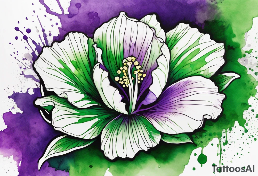 A mystical outline of a green and purple rio dipladenia flower and a green and purple watercolor splash in the background tattoo idea
