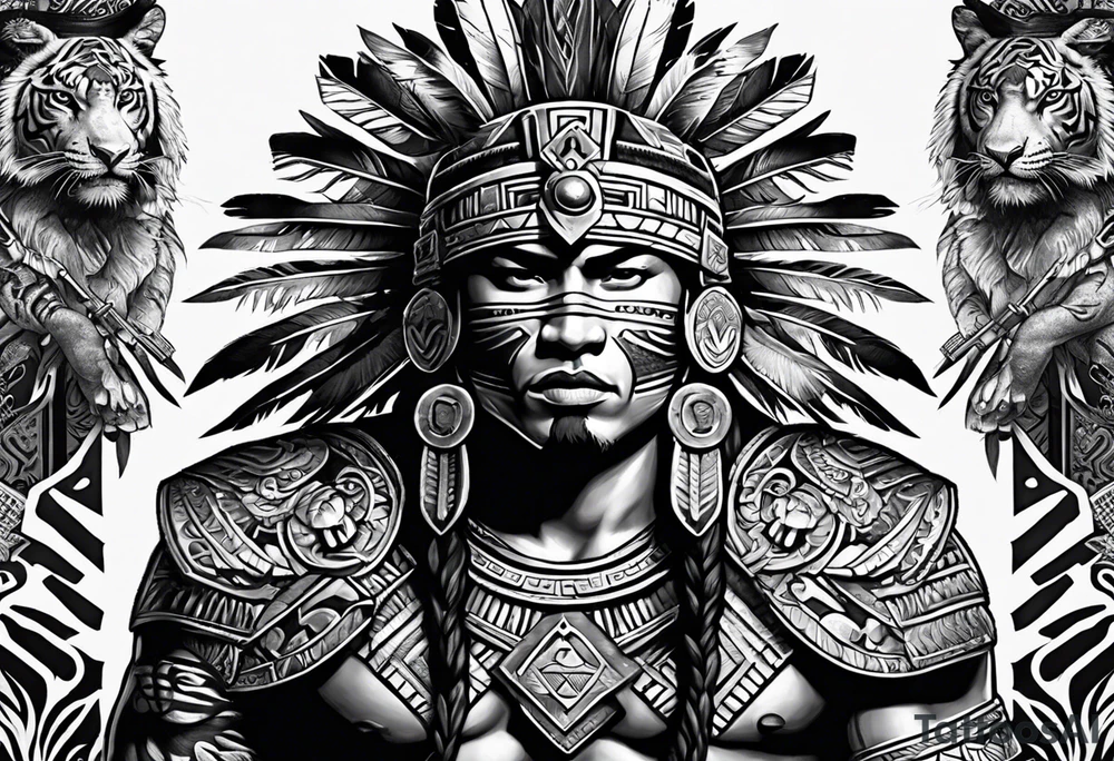Aztec warrior full body with aztec symbols in the back ground and a tiger pelt on the warriors head tattoo idea