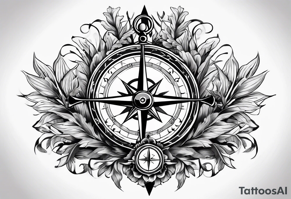 A selucid style anchor in front of a compass with north south east west marked on it and a narrow laurel wreathe wrapped around the compass tattoo idea