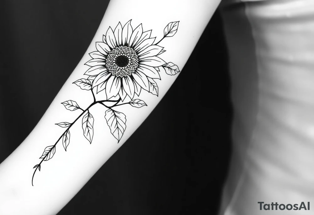 Stylized sunflower on a wild flowy vine with Bohemian mandalas incorporated tattoo idea
