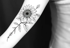 Stylized sunflower on a wild flowy vine with Bohemian mandalas incorporated tattoo idea