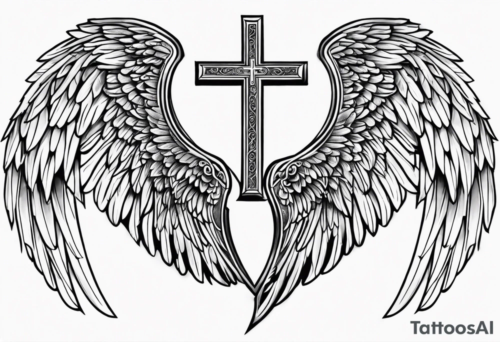 angel wings tattoo with a cross and the letters DJ in it tattoo idea