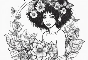 Flower fairy. A fairy with an afro and a boyquet of flowers tattoo idea