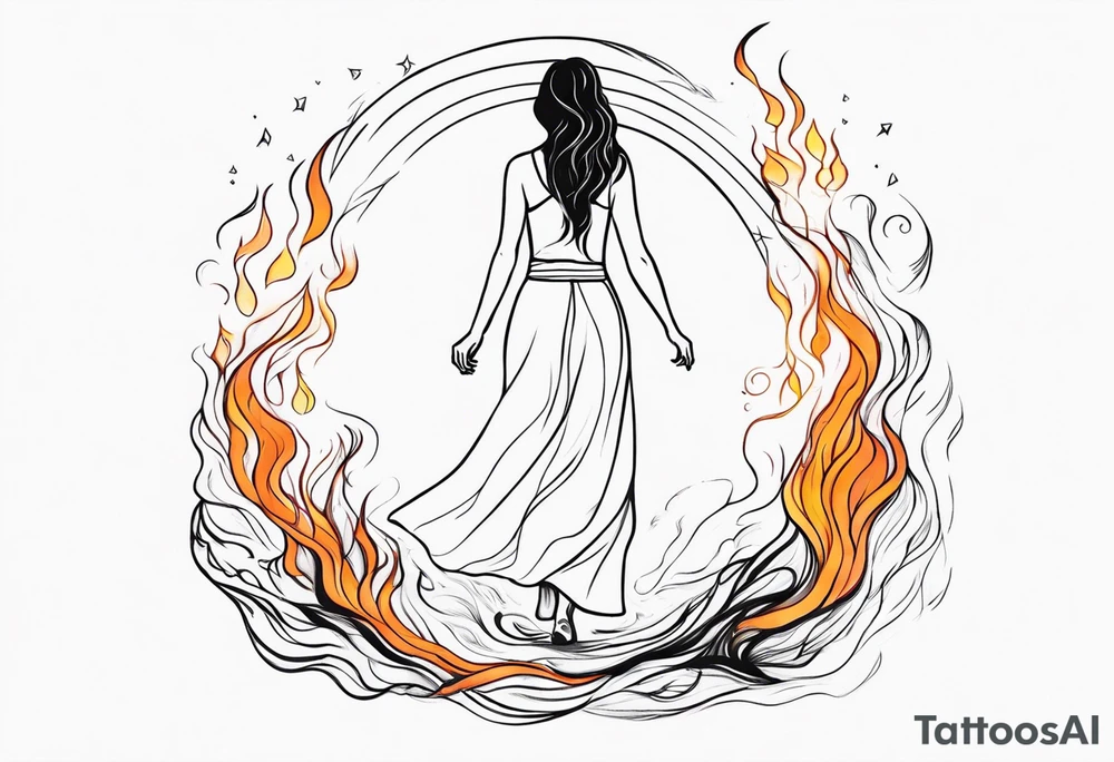 Resurrection strength and courage overcoming trauma Beautiful Woman walking away fire and chaos to inner peace and self-love  ethereal tattoo idea