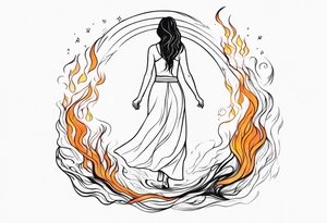 Resurrection strength and courage overcoming trauma Beautiful Woman walking away fire and chaos to inner peace and self-love  ethereal tattoo idea