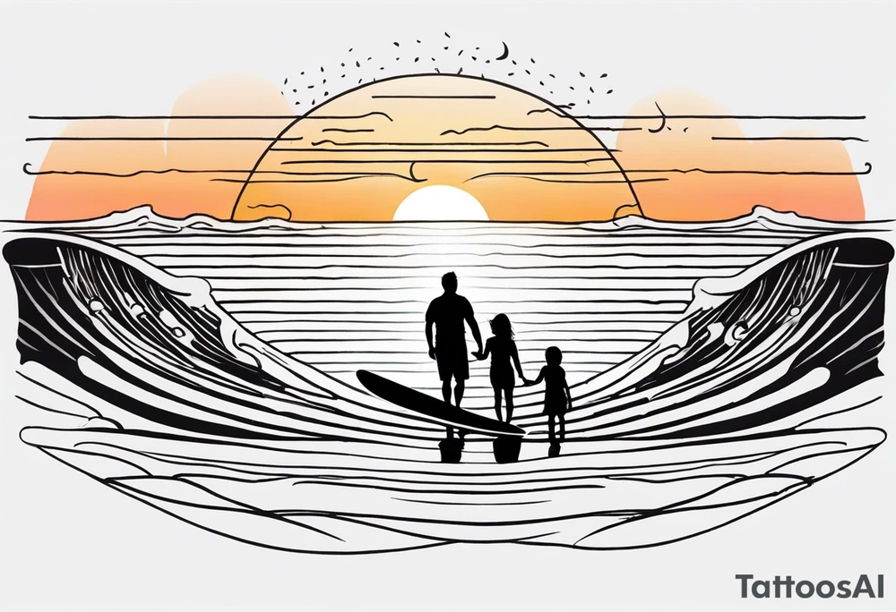 Black and white Line work tattoo depicting a father surfing with his two daughters.  The sunset and horizon have musical notes. tattoo idea