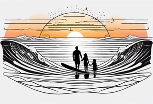Black and white Line work tattoo depicting a father surfing with his two daughters.  The sunset and horizon have musical notes. tattoo idea