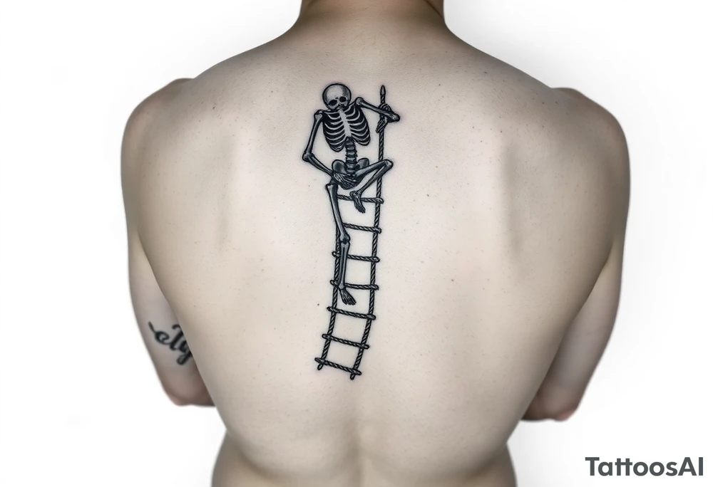 skeleton clibing up a rope ladder on forearm tattoo idea