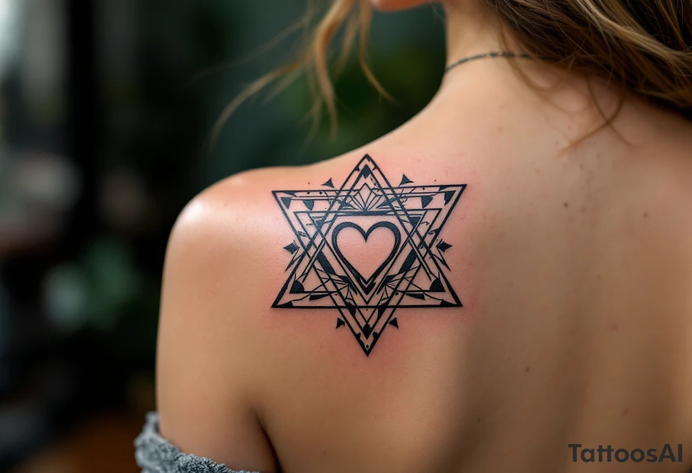 A triangle with a big heart in the center with a 
travel theme tattoo idea