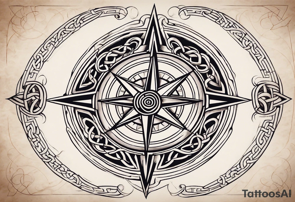 A compass rose with a labyrinth on the inside and to Celtic swords going through the center of the rose compass tattoo idea