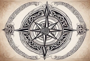 A compass rose with a labyrinth on the inside and to Celtic swords going through the center of the rose compass tattoo idea