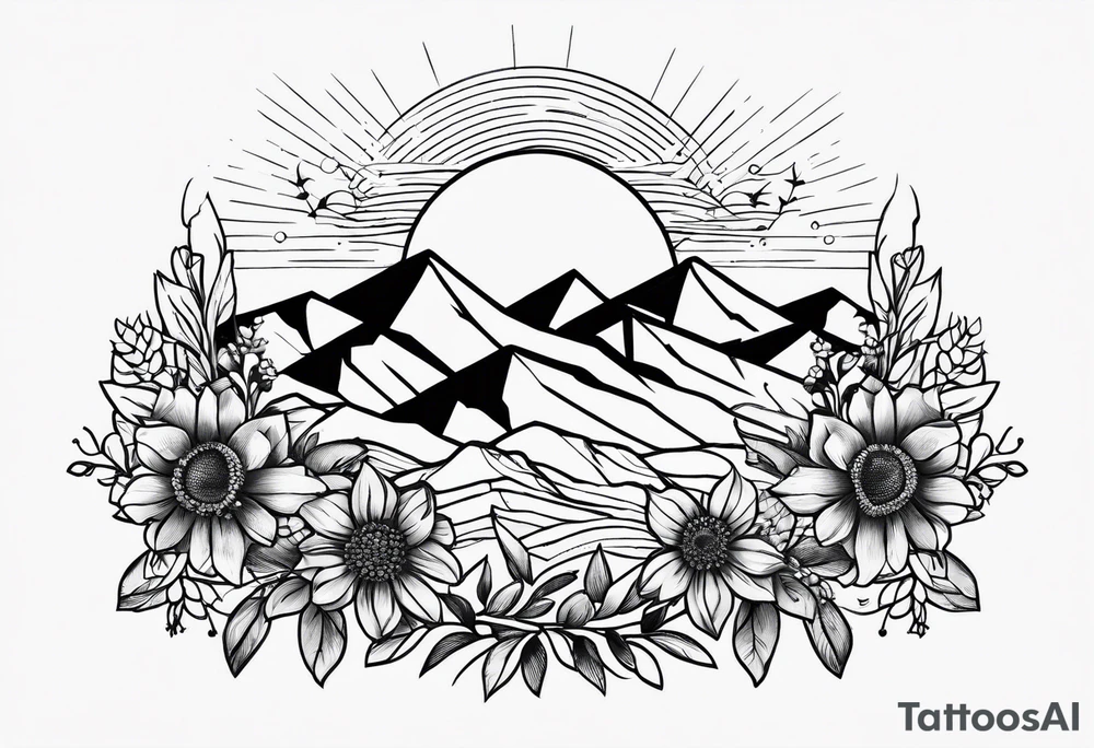 small, mountains, sun, wildflowers tattoo idea