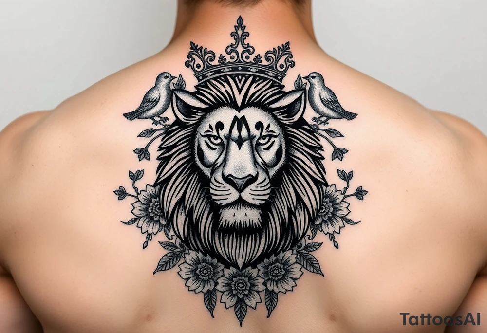 powerful majestic lion with a crown, surrounded by floral ornaments and birds tattoo idea