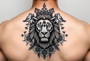 powerful majestic lion with a crown, surrounded by floral ornaments and birds tattoo idea