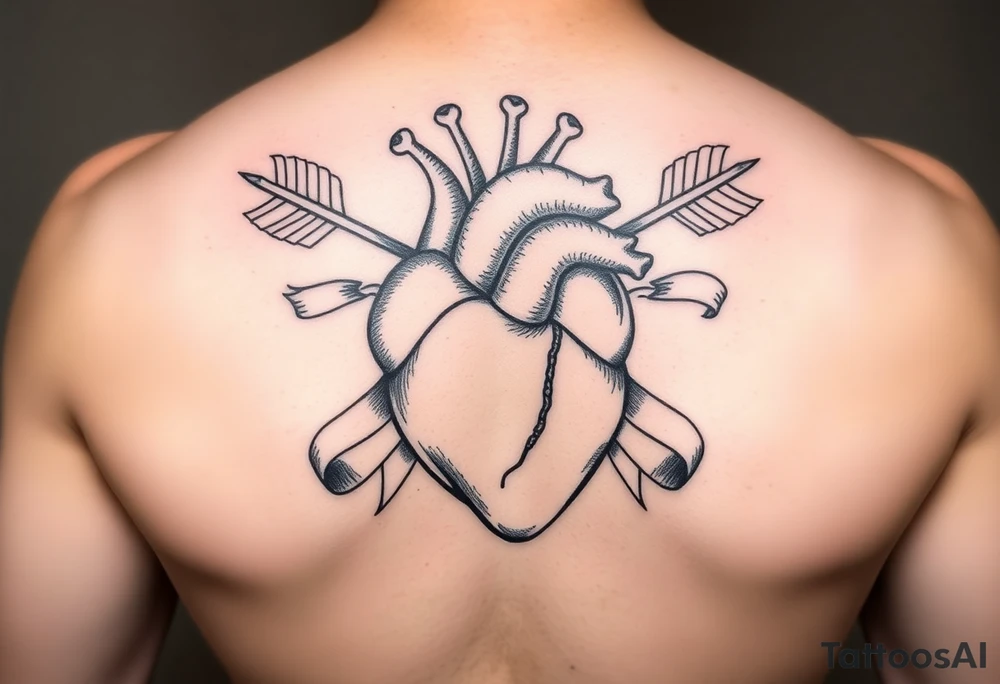 anatomical heart pierced by ornate arrow with flowing ribbons tattoo idea