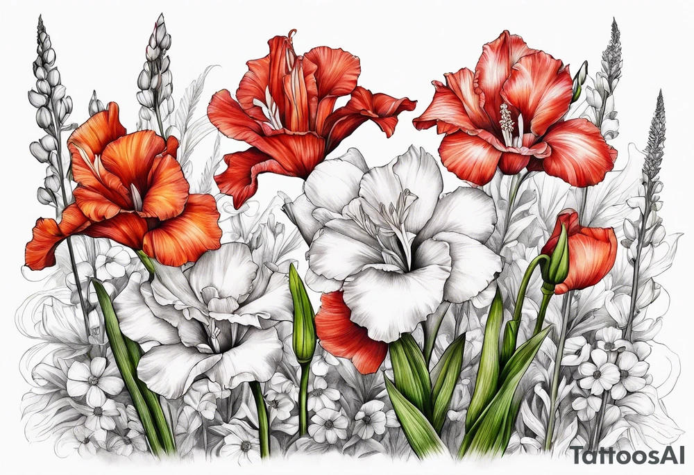 Gladiolus, Poppy, Daisy, Sweet Pea floral tattoo idea