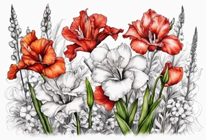 Gladiolus, Poppy, Daisy, Sweet Pea floral tattoo idea