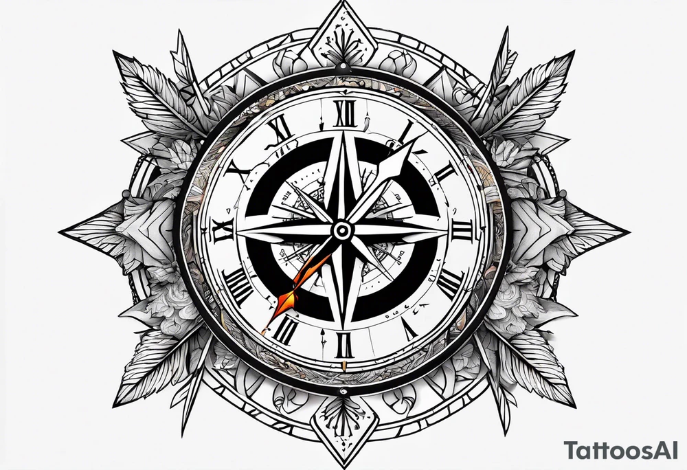 half compass half clock with arrow in the middle and four seasons depicted tattoo idea