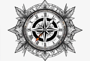 half compass half clock with arrow in the middle and four seasons depicted tattoo idea