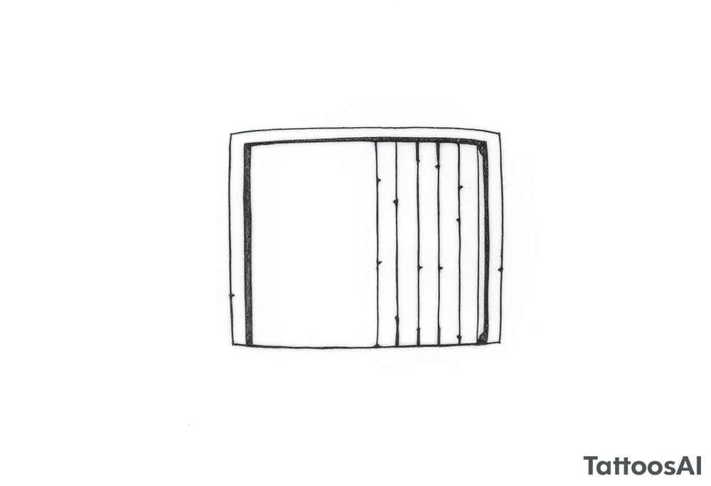 I want a minimal architectural fragment.
One consistent line weight, no shading, no symbolism.
A partial frame with internal parallel lines, open edges, and visible negative space.
It must feel unfinished by design.

on forearm, medium size

Base geometry

A partial rectangular frame, not closed.

Think:

Two long parallel vertical lines

One short horizontal line connecting them near the top

Bottom left open

This matters:

Frames imply structure

Open edges prevent completion

It reads as architectural, not symbolic

Internal system

Inside the frame:

4–7 vertical parallel lines

Uneven spacing (measured irregularity)

One line slightly interrupted or offset

No curves yet. Keep it disciplined. tattoo idea