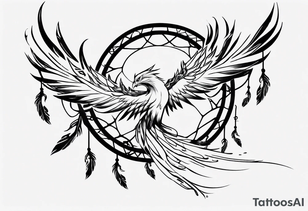 Fire Phoenix flying blending into dream catcher tattoo idea Fire Phoenix flying blending into dream catcher tattoo idea