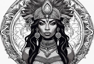 valkrye, kali, pirate, african goddess, , warrior, native american, lotus, zenza resonance, skulls, dragon, pachamama, left side face, chest, right wing, tattoo idea