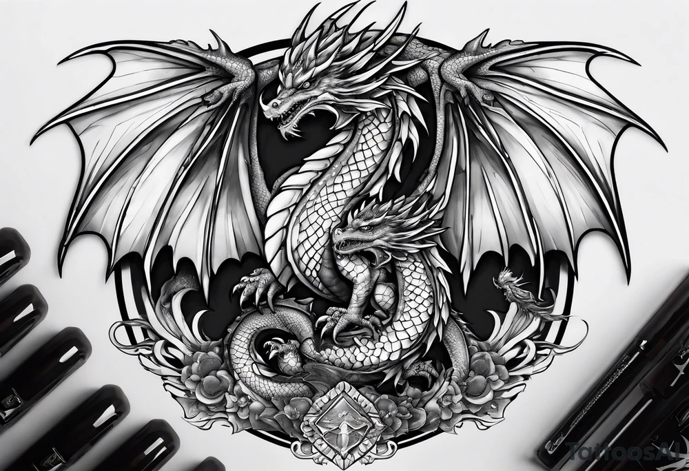 Mother dragon wings spread with 3 baby dragons tattoo idea