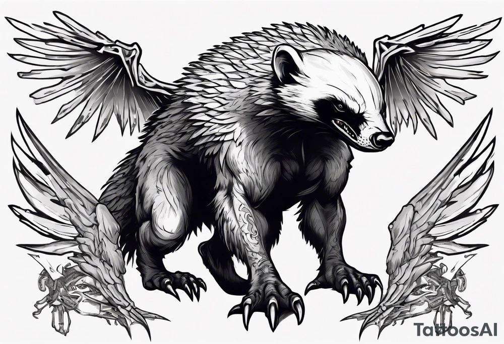 Angry, snarling, detailed forward-facing honey badger against the background of large wings made of bones tattoo idea