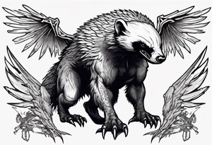 Angry, snarling, detailed forward-facing honey badger against the background of large wings made of bones tattoo idea