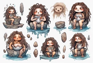 a plump mole woman with large eyes pale fur and messy brown dreadlocks sitting in a simple stone throne tattoo idea