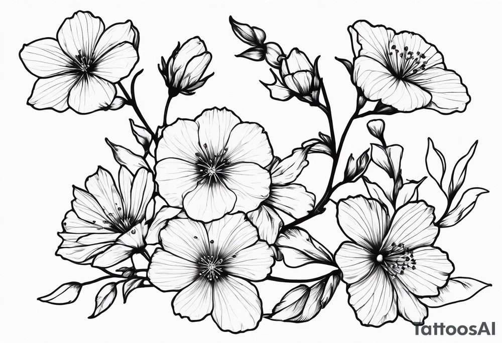 Realistic cherry blossom, delphinium, morning glory, and cosmos flowers together on a leafy sprig tattoo idea