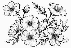 Realistic cherry blossom, delphinium, morning glory, and cosmos flowers together on a leafy sprig tattoo idea