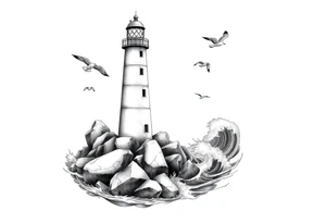 Lighthouse surrounded by boulders in the sea with high waves and seagulls flying around tattoo idea