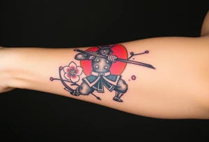 Samurai in fighting position with a cherry blossoms and a pagola in the background tattoo idea