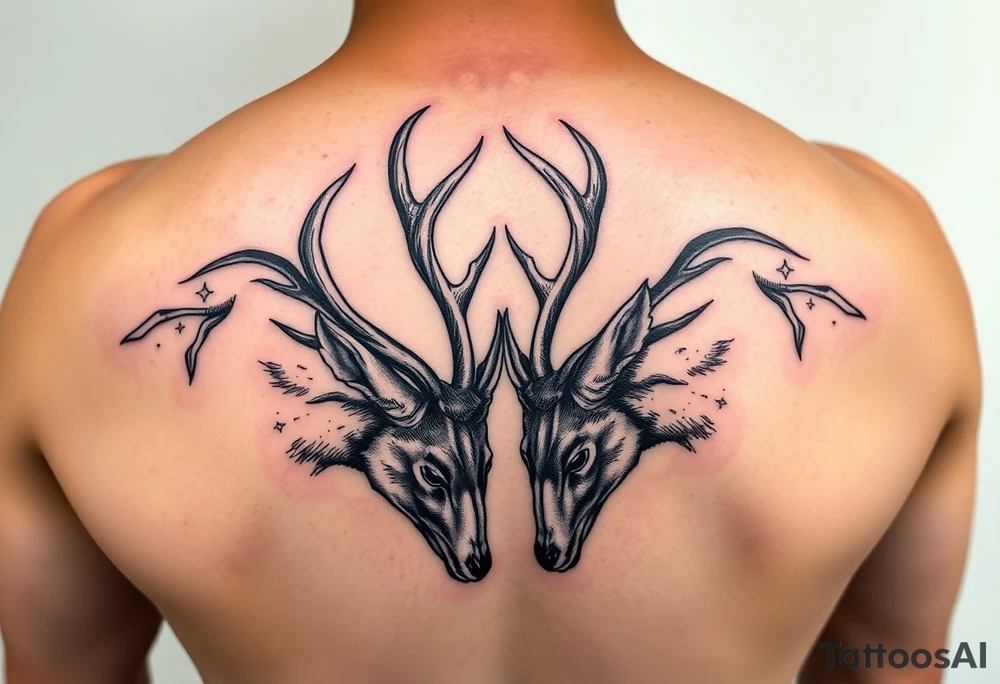 Entire Full body showing in the tattoo of the Two deer with their heads down hitting horns to show dominance. tattoo idea