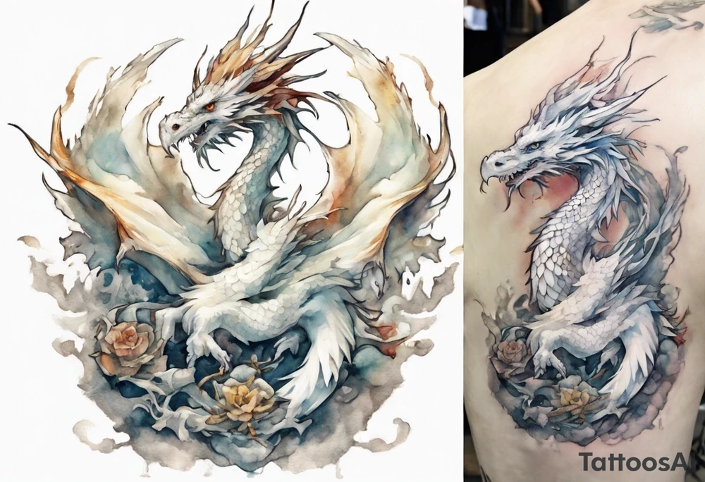 a white bird-dragon hybrid, wearing a iron crown, perched on a stone tattoo idea