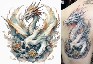 a white bird-dragon hybrid, wearing a iron crown, perched on a stone tattoo idea