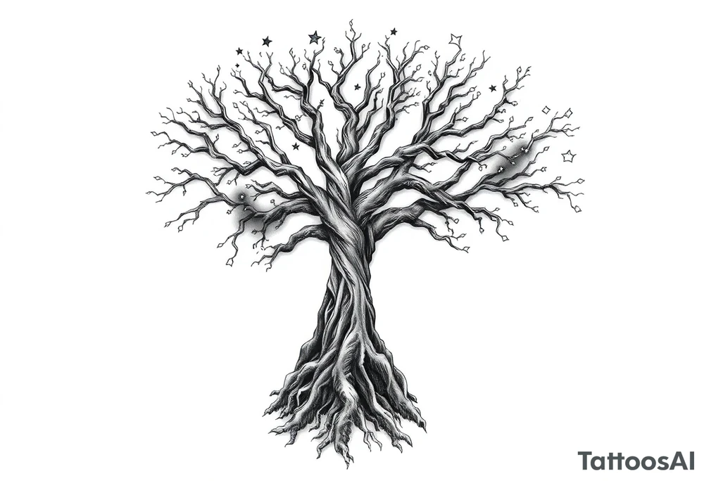 mystical tree of life with cosmic roots and celestial branches tattoo idea