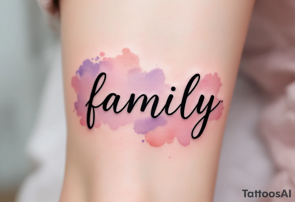 A watercolor splash in dusty rose and lavender behind the word family in sleek black ink. tattoo idea