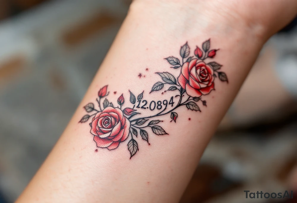 Bold black 12.08.1994 inked in a clean serif font wrapped in soft red roses. tattoo idea