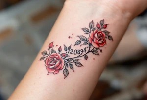 Bold black 12.08.1994 inked in a clean serif font wrapped in soft red roses. tattoo idea