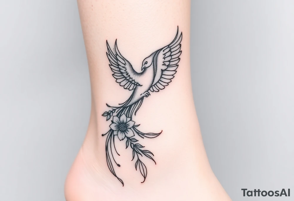 a delicate phoenix, with some flowers tattoo idea