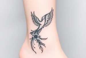 a delicate phoenix, with some flowers tattoo idea