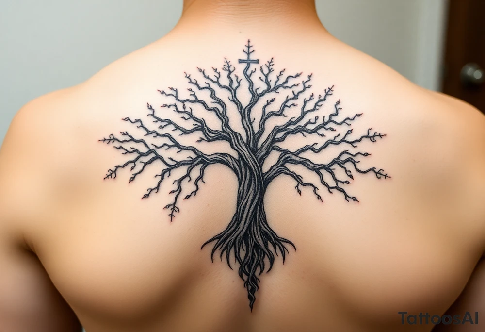 mystical tree of life with cosmic roots and celestial branches tattoo idea