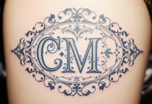 Victorian Lace Monogram – Ivory and dusty blue “C / M” styled in ornate vintage typography with lace-like borders. tattoo idea