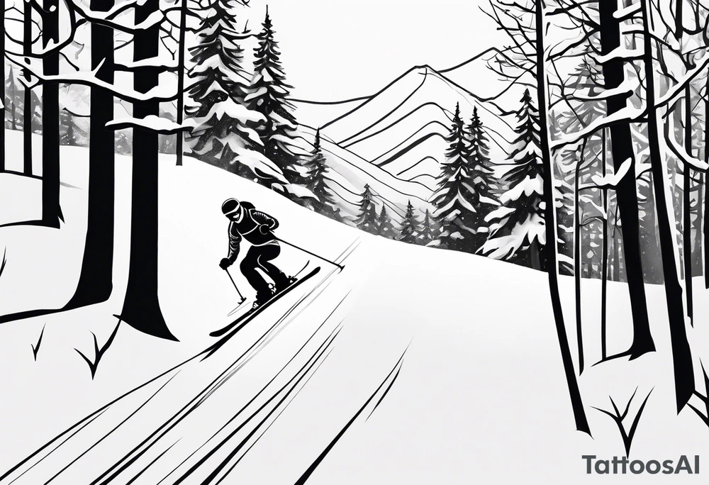 simple drawing of a
tattoo of a snow skier skiing through trees showing ski trail tattoo idea